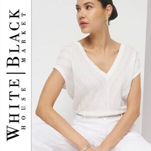 White House Black Market Textured White V-Neck dolman Top